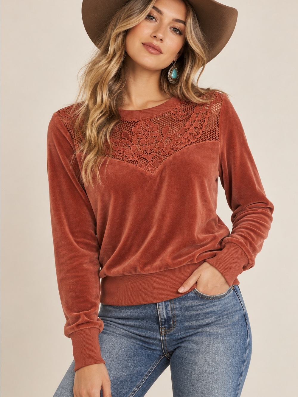 🤎 Shyanne Rust Velour Crochet Lace Yoke Western Boho Top S